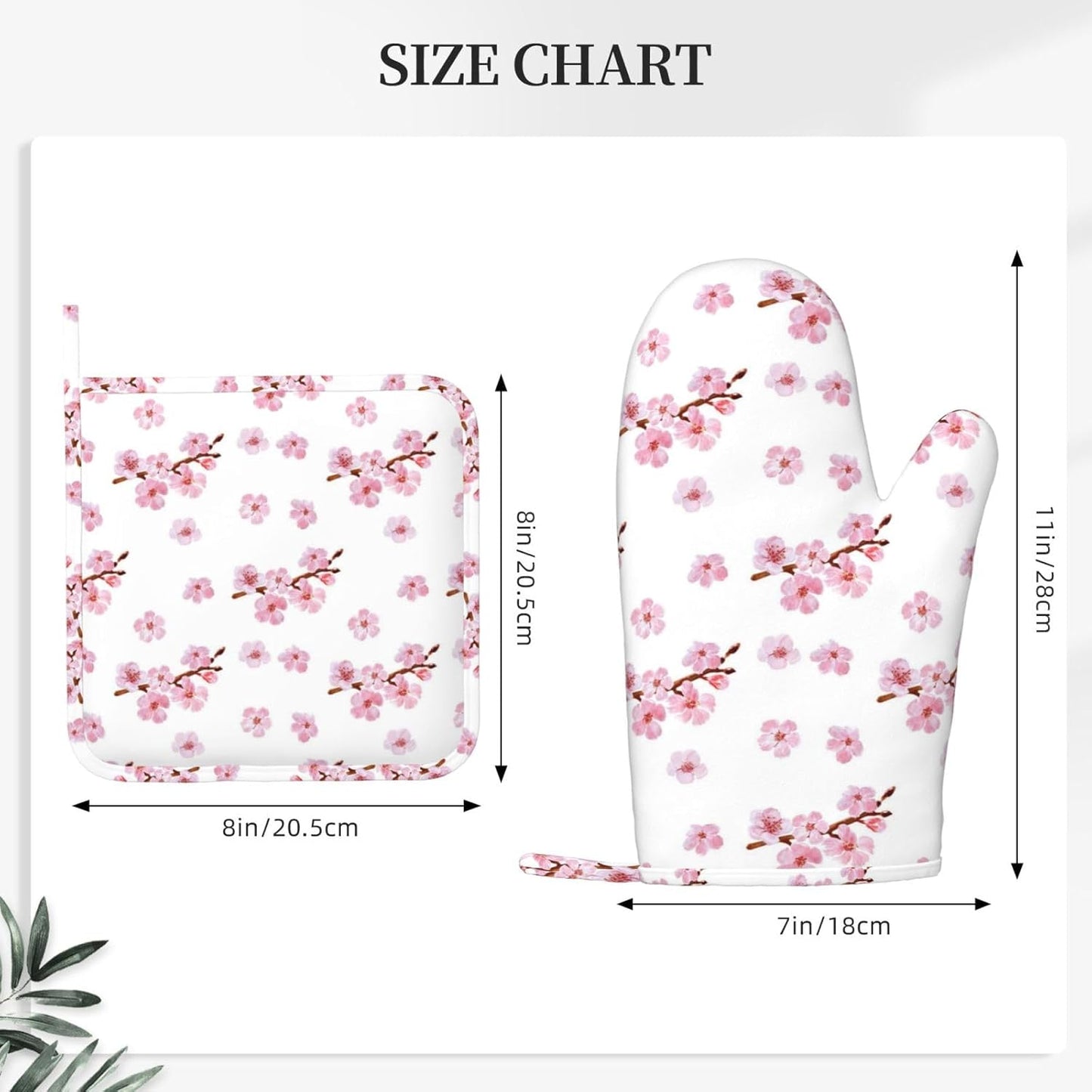 Pink Cherry Blossom Oven Mitts and Pot Holders 4 pcs Set Silicone Watercolor Flowers Blooming Branches Floral Kitchen Oven Mitt Gloves Pot Holders Non-Slip Heat Resistant Cooking Mitts Set