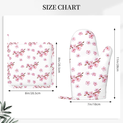 Pink Cherry Blossom Oven Mitts and Pot Holders 4 pcs Set Silicone Watercolor Flowers Blooming Branches Floral Kitchen Oven Mitt Gloves Pot Holders Non-Slip Heat Resistant Cooking Mitts Set