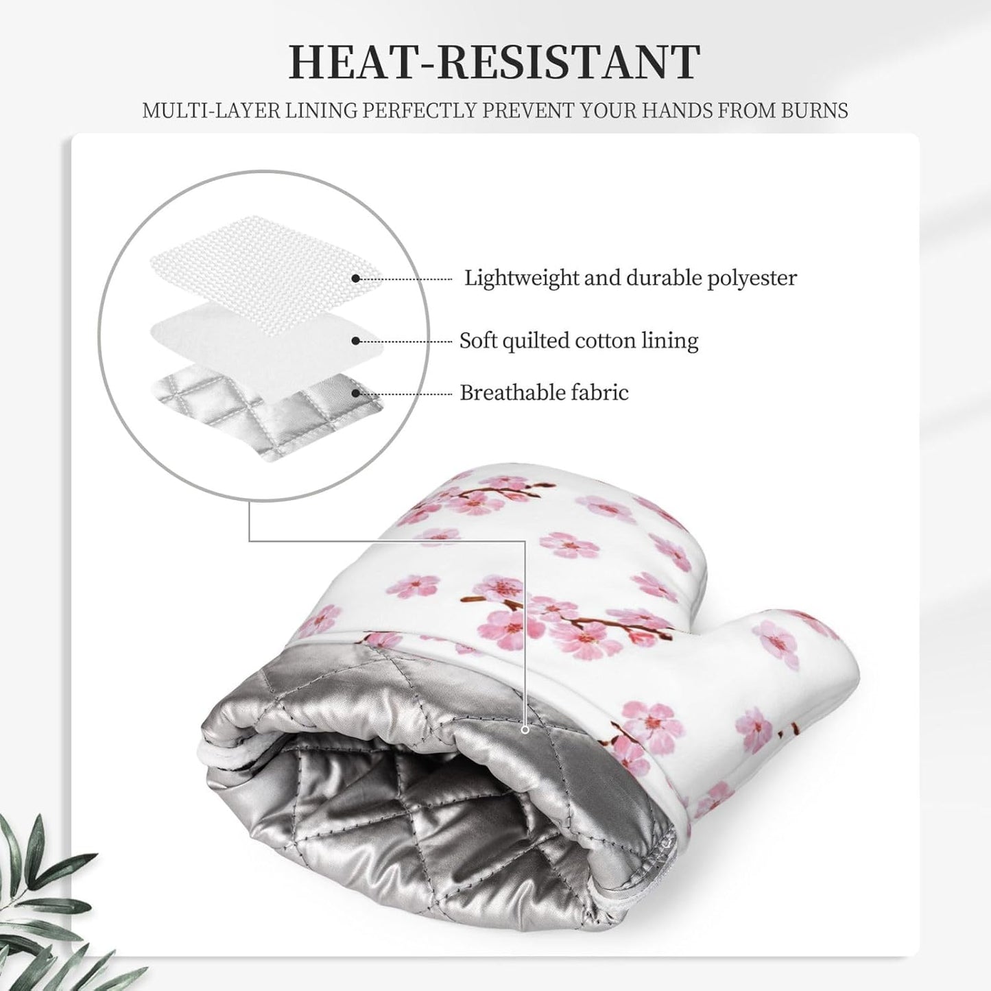 Pink Cherry Blossom Oven Mitts and Pot Holders 4 pcs Set Silicone Watercolor Flowers Blooming Branches Floral Kitchen Oven Mitt Gloves Pot Holders Non-Slip Heat Resistant Cooking Mitts Set