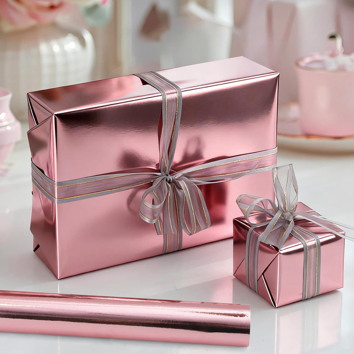 Pink Wrapping Paper, 17In x 33Ft Gift Wrapping Paper with Metallic Lustre