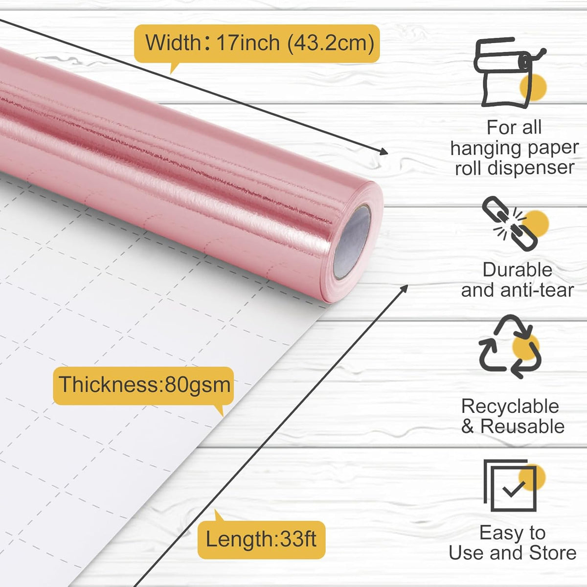 Pink Wrapping Paper, 17In x 33Ft Gift Wrapping Paper with Metallic Lustre