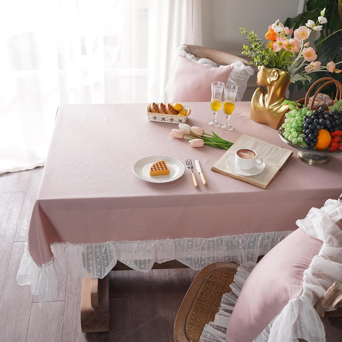 White Cotton Linen Tablecloth Embroidery Leaf Pattern Lace French Country Rectangle Table Cloth Washable Tablecloths Farmhouse Decor for Home Holiday Party Dining Table (Dusty Pink, 60"x120")