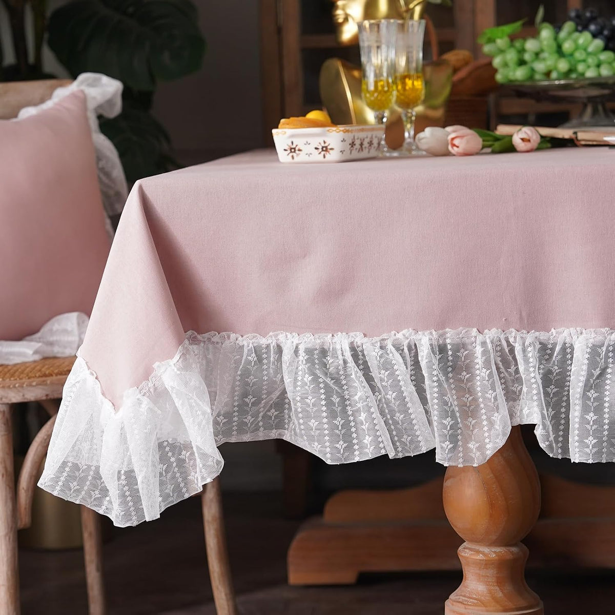 White Cotton Linen Tablecloth Embroidery Leaf Pattern Lace French Country Rectangle Table Cloth Washable Tablecloths Farmhouse Decor for Home Holiday Party Dining Table (Dusty Pink, 60"x120")