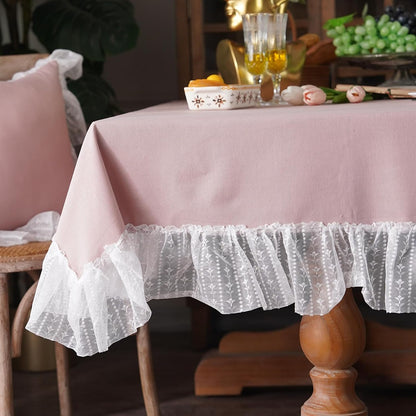 White Cotton Linen Tablecloth Embroidery Leaf Pattern Lace French Country Rectangle Table Cloth Washable Tablecloths Farmhouse Decor for Home Holiday Party Dining Table (Dusty Pink, 60"x120")