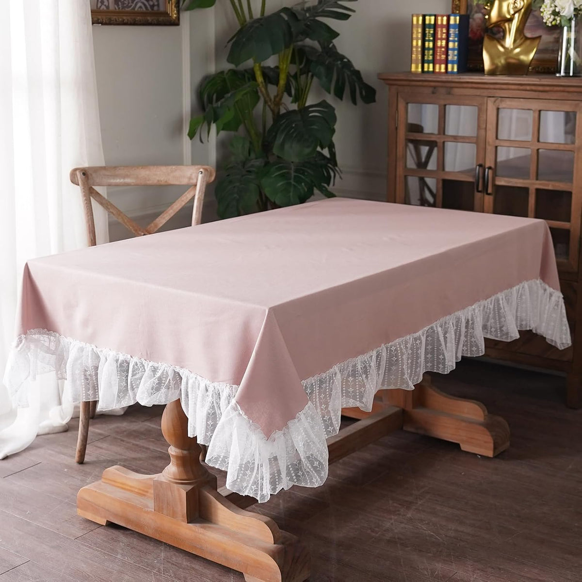 White Cotton Linen Tablecloth Embroidery Leaf Pattern Lace French Country Rectangle Table Cloth Washable Tablecloths Farmhouse Decor for Home Holiday Party Dining Table (Dusty Pink, 60"x120")