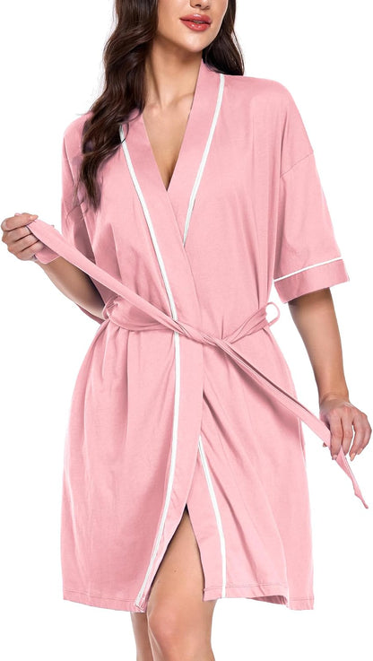 Womens 100% Cotton Robe Summer Lightweight Bathrobe Short Sleeve
