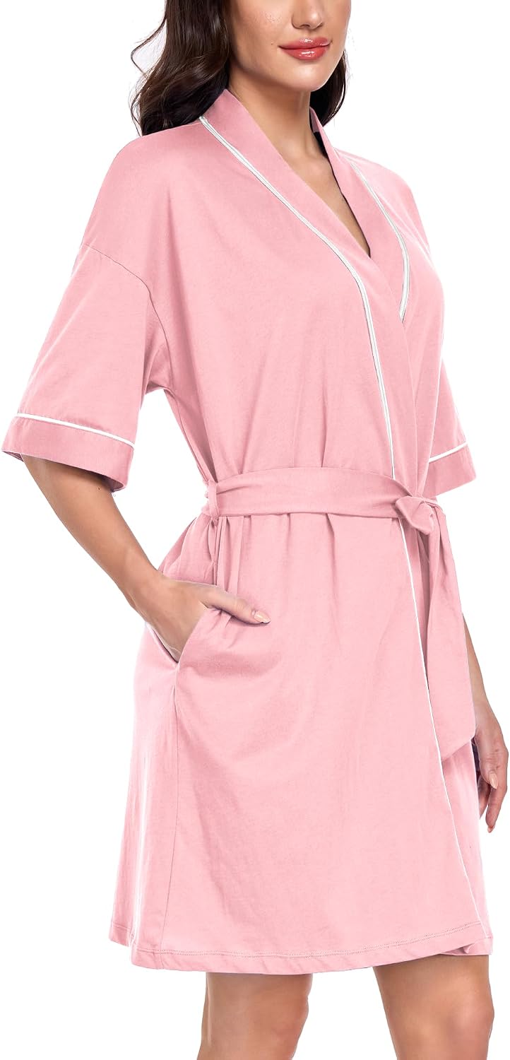 Womens 100% Cotton Robe Summer Lightweight Bathrobe Short Sleeve