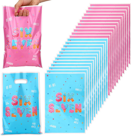 50pcs 6 7 Gift Bags for 6 7 Birthday Decorations, Six Seven Meme 67 Party Favor Goodie Bags with Handles, Double-Sided Pattern, Blue-Pink Birthday Party Bag for Packing Snacks Candy Supplies
