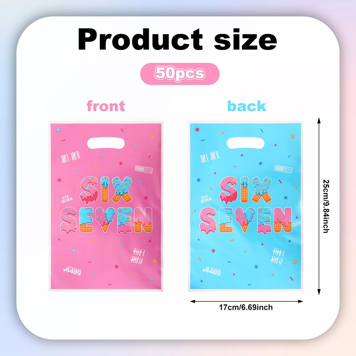 50pcs 6 7 Gift Bags for 6 7 Birthday Decorations, Six Seven Meme 67 Party Favor Goodie Bags with Handles, Double-Sided Pattern, Blue-Pink Birthday Party Bag for Packing Snacks Candy Supplies