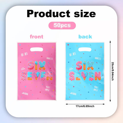 50pcs 6 7 Gift Bags for 6 7 Birthday Decorations, Six Seven Meme 67 Party Favor Goodie Bags with Handles, Double-Sided Pattern, Blue-Pink Birthday Party Bag for Packing Snacks Candy Supplies