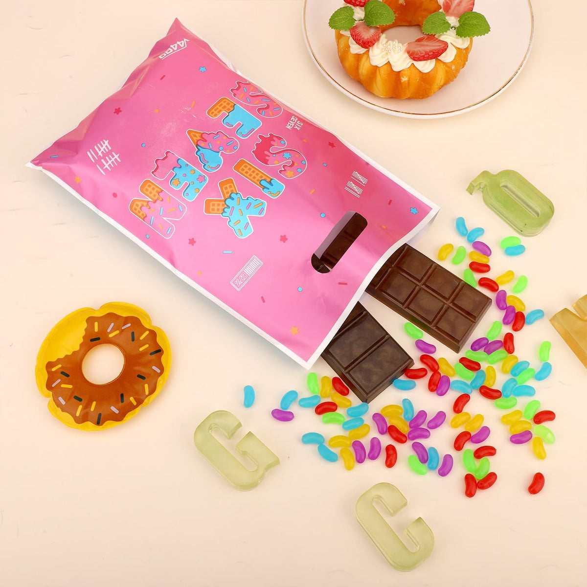 50pcs 6 7 Gift Bags for 6 7 Birthday Decorations, Six Seven Meme 67 Party Favor Goodie Bags with Handles, Double-Sided Pattern, Blue-Pink Birthday Party Bag for Packing Snacks Candy Supplies