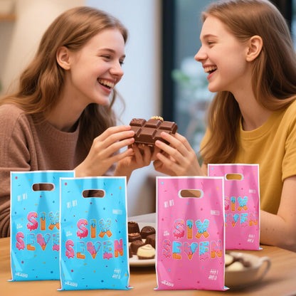 50pcs 6 7 Gift Bags for 6 7 Birthday Decorations, Six Seven Meme 67 Party Favor Goodie Bags with Handles, Double-Sided Pattern, Blue-Pink Birthday Party Bag for Packing Snacks Candy Supplies