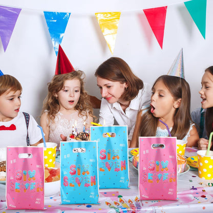 50pcs 6 7 Gift Bags for 6 7 Birthday Decorations, Six Seven Meme 67 Party Favor Goodie Bags with Handles, Double-Sided Pattern, Blue-Pink Birthday Party Bag for Packing Snacks Candy Supplies