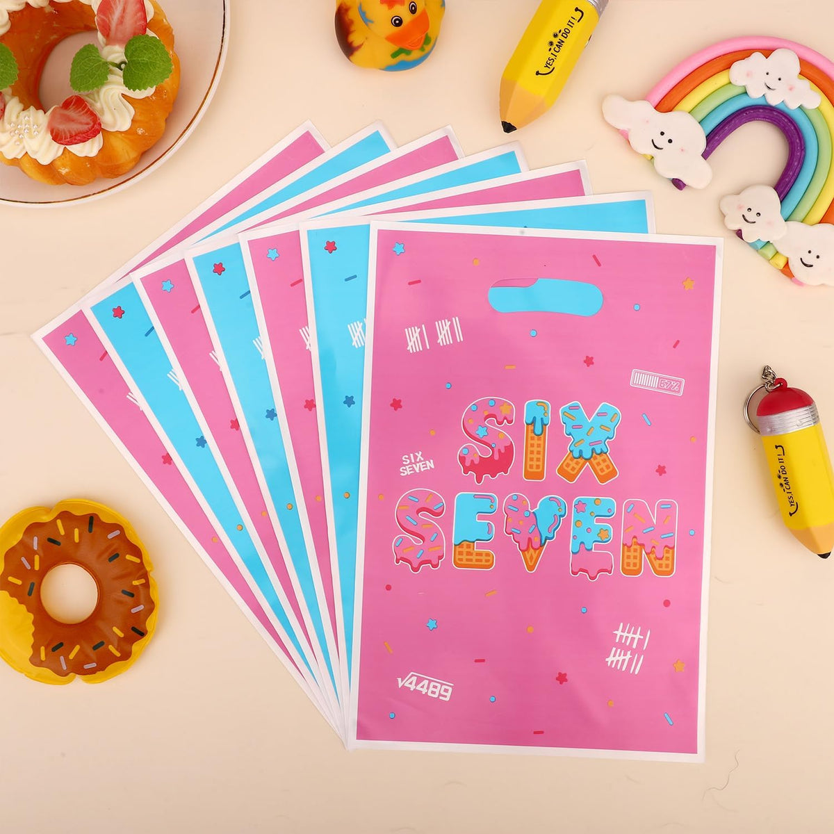 50pcs 6 7 Gift Bags for 6 7 Birthday Decorations, Six Seven Meme 67 Party Favor Goodie Bags with Handles, Double-Sided Pattern, Blue-Pink Birthday Party Bag for Packing Snacks Candy Supplies