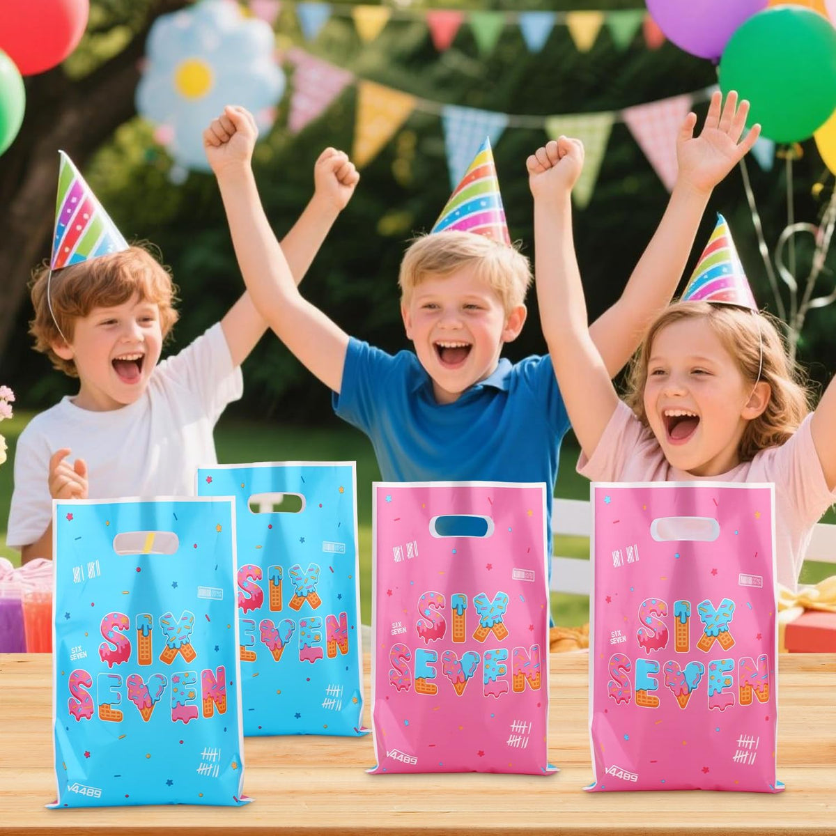 50pcs 6 7 Gift Bags for 6 7 Birthday Decorations, Six Seven Meme 67 Party Favor Goodie Bags with Handles, Double-Sided Pattern, Blue-Pink Birthday Party Bag for Packing Snacks Candy Supplies
