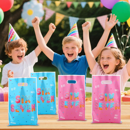 50pcs 6 7 Gift Bags for 6 7 Birthday Decorations, Six Seven Meme 67 Party Favor Goodie Bags with Handles, Double-Sided Pattern, Blue-Pink Birthday Party Bag for Packing Snacks Candy Supplies