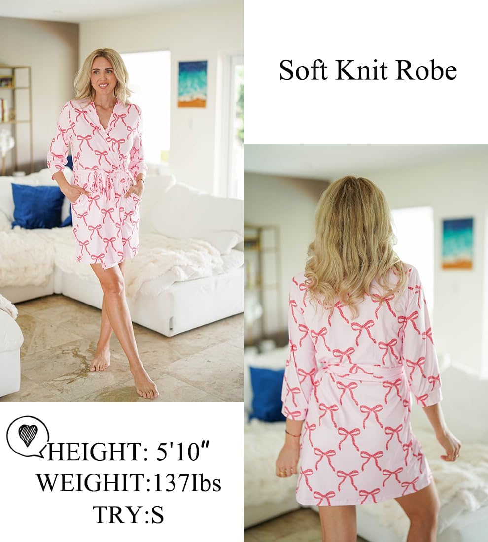 Women's Robe Soft Lightweight 3/4 Sleeve Knit Bathrobe with Pockets
