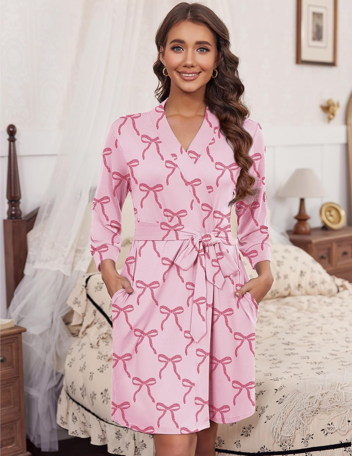 Women's Robe Soft Lightweight 3/4 Sleeve Knit Bathrobe with Pockets