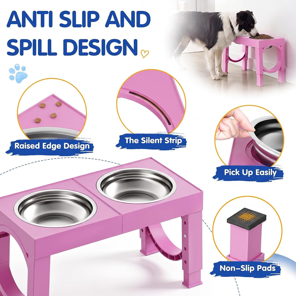 XIAZ Elevated Dog Bowls Large Breed Raised Dogs Bowl Stand Large/Medium Sized Dog Stainless Steel Food Water Bowl Stands 5 Heights Adjustable 9/11/12/14in Pet Feeder Dish Station