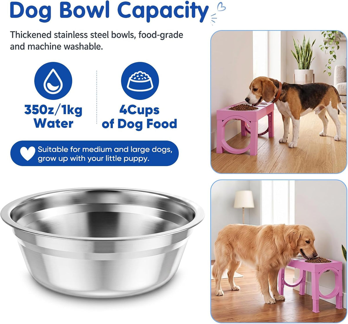 XIAZ Elevated Dog Bowls Large Breed Raised Dogs Bowl Stand Large/Medium Sized Dog Stainless Steel Food Water Bowl Stands 5 Heights Adjustable 9/11/12/14in Pet Feeder Dish Station