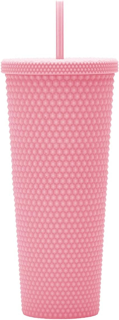 24oz Fully Studded Tumbler.Matte Pink Studded Tumbler with Lid and Straw.Reusable Double Walled Insulated Travel Tumbler.Plastic Acrylic Pastel Colored Tumbler Cup for Iced Coffee Smoothie.