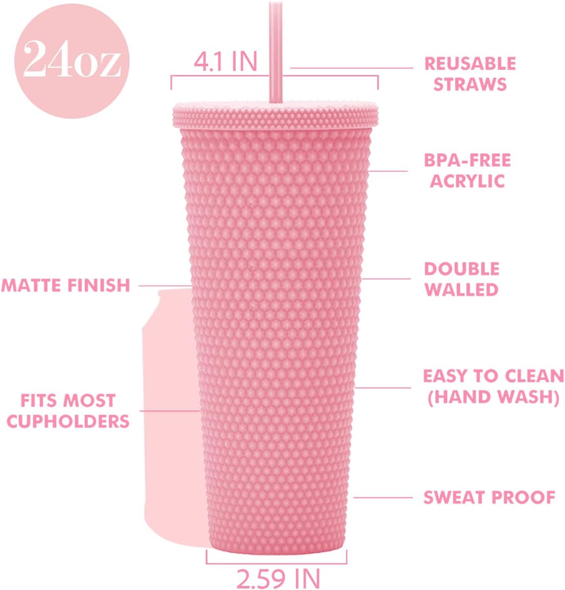 24oz Fully Studded Tumbler.Matte Pink Studded Tumbler with Lid and Straw.Reusable Double Walled Insulated Travel Tumbler.Plastic Acrylic Pastel Colored Tumbler Cup for Iced Coffee Smoothie.