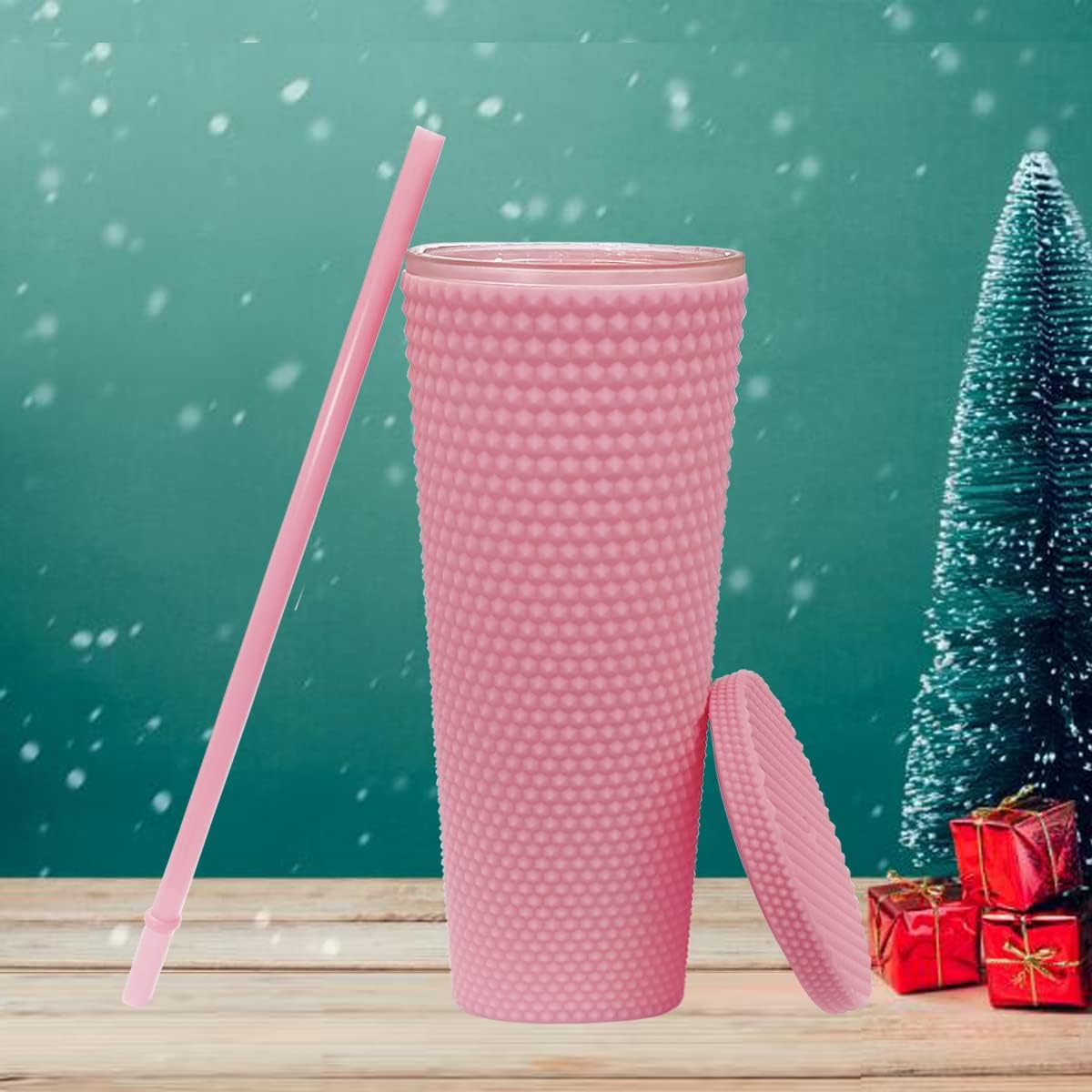 24oz Fully Studded Tumbler.Matte Pink Studded Tumbler with Lid and Straw.Reusable Double Walled Insulated Travel Tumbler.Plastic Acrylic Pastel Colored Tumbler Cup for Iced Coffee Smoothie.