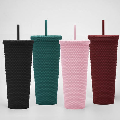 24oz Fully Studded Tumbler.Matte Pink Studded Tumbler with Lid and Straw.Reusable Double Walled Insulated Travel Tumbler.Plastic Acrylic Pastel Colored Tumbler Cup for Iced Coffee Smoothie.