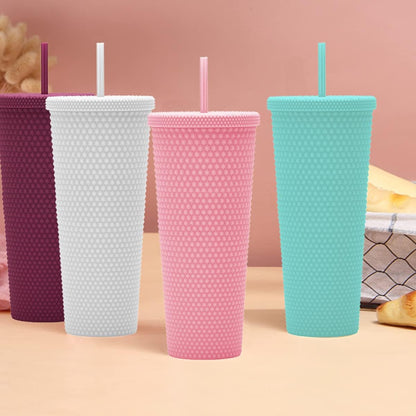 24oz Fully Studded Tumbler.Matte Pink Studded Tumbler with Lid and Straw.Reusable Double Walled Insulated Travel Tumbler.Plastic Acrylic Pastel Colored Tumbler Cup for Iced Coffee Smoothie.