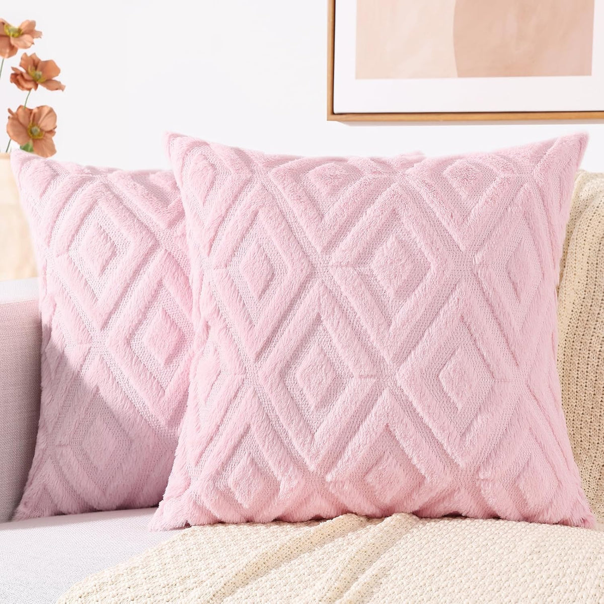 Fall Faux Fur Light Pink Throw Pillow Covers 18x18 Set of 2