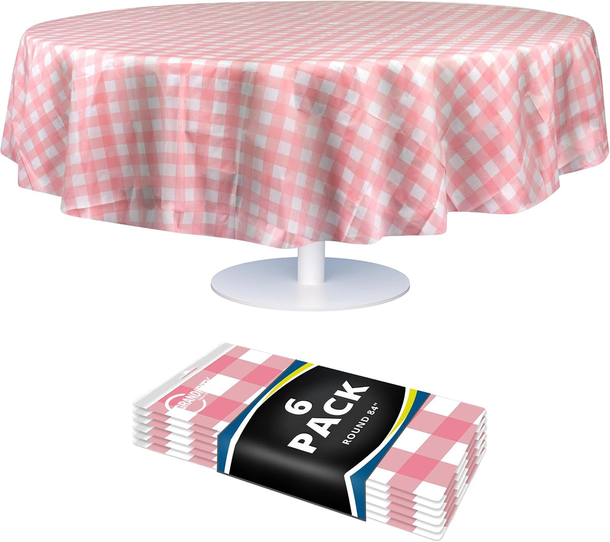 Pink Gingham Checkered Plastic Table Cloth Disposable (6 Pk) 84in Round Tablecloth Premium Party Table Cloths Disposable - Perfect Table Cloth Round Cover for Any Table Up to 6 Feet
