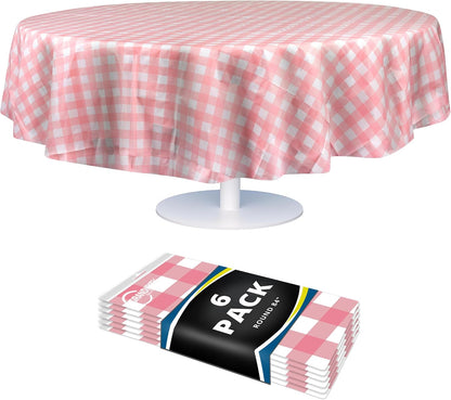 Pink Gingham Checkered Plastic Table Cloth Disposable (6 Pk) 84in Round Tablecloth Premium Party Table Cloths Disposable - Perfect Table Cloth Round Cover for Any Table Up to 6 Feet