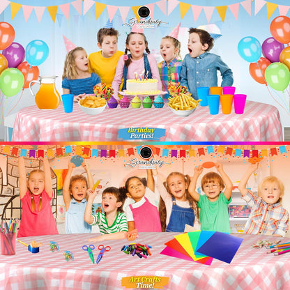 Pink Gingham Checkered Plastic Table Cloth Disposable (6 Pk) 84in Round Tablecloth Premium Party Table Cloths Disposable - Perfect Table Cloth Round Cover for Any Table Up to 6 Feet