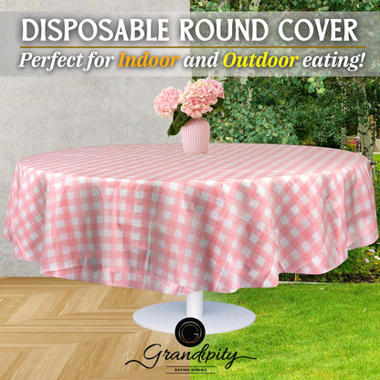 Pink Gingham Checkered Plastic Table Cloth Disposable (6 Pk) 84in Round Tablecloth Premium Party Table Cloths Disposable - Perfect Table Cloth Round Cover for Any Table Up to 6 Feet