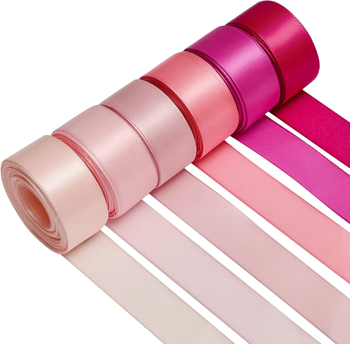 1 Inch Pink Single‑Faced Satin Ribbons for Crafts Gift Wrapping, 6 Rolls