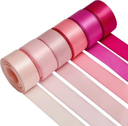 1 Inch Pink Single‑Faced Satin Ribbons for Crafts Gift Wrapping, 6 Rolls