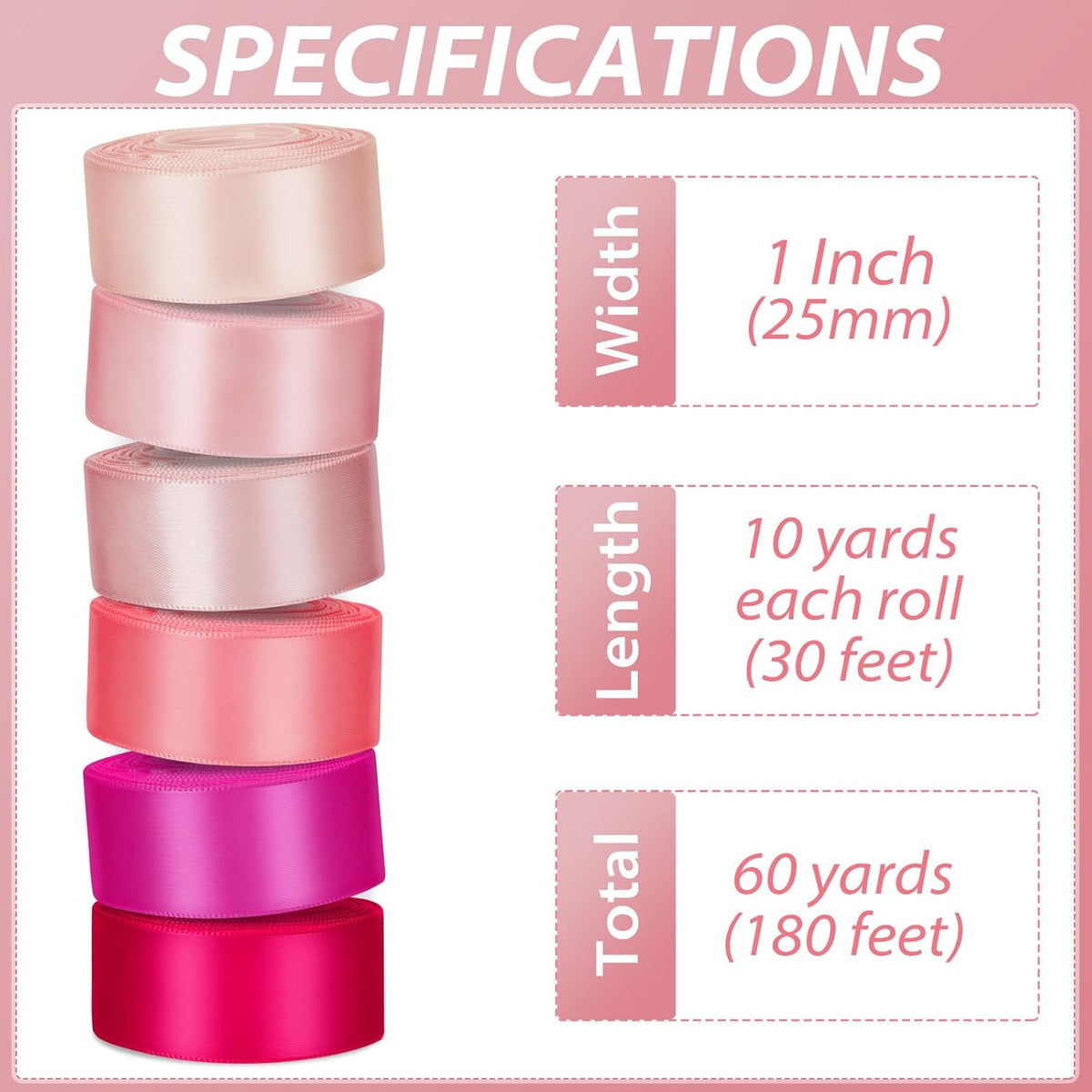 1 Inch Pink Single‑Faced Satin Ribbons for Crafts Gift Wrapping, 6 Rolls