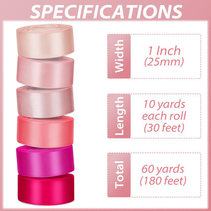 1 Inch Pink Single‑Faced Satin Ribbons for Crafts Gift Wrapping, 6 Rolls