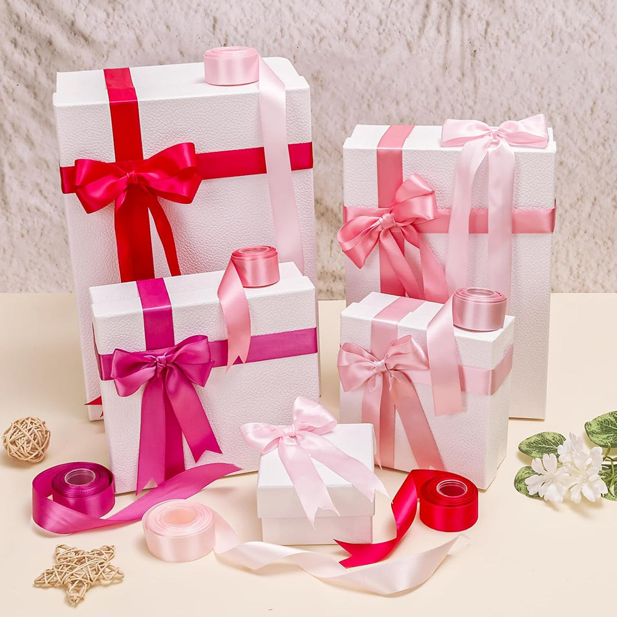 1 Inch Pink Single‑Faced Satin Ribbons for Crafts Gift Wrapping, 6 Rolls