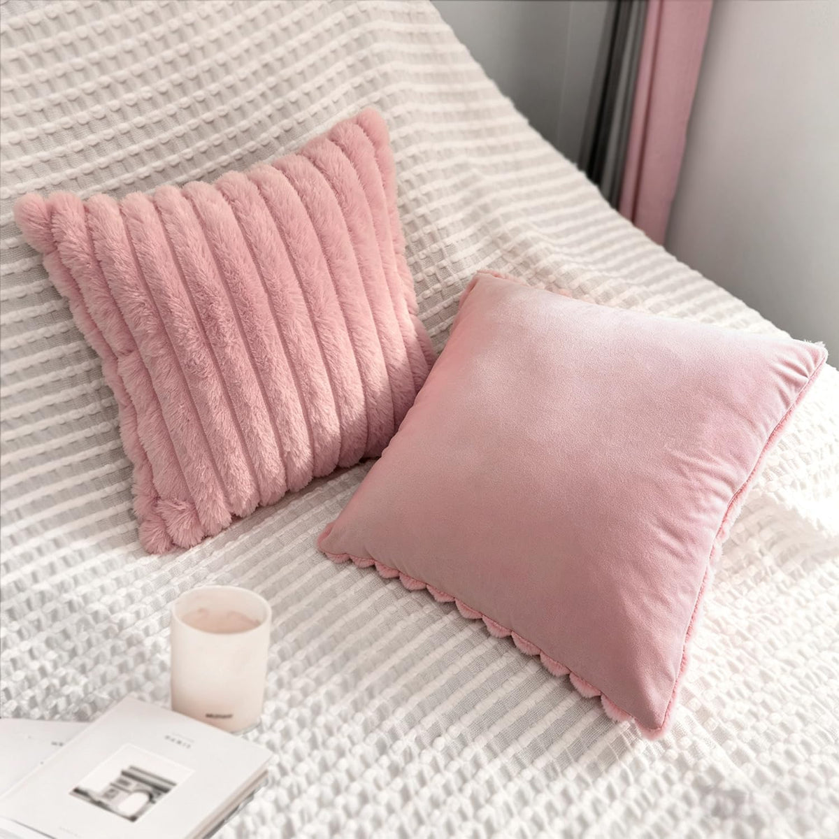 2 Pack 18x18 Pillow Cover Velvet Pillow Covers, Faux Fur Square Throw Pillow Covers for Living Room Decorations Throw Pillow Case, Throw Pillow Cover Cushion Cover for Home Sofa Bedroom Car, Pink