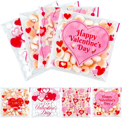 100 Pcs Valentines Self-Sealing Cookie Bags - 4x4 Inch Valentines Cellophane Treat Bags for Candy, Cookies, Gifts - Pink Clear Goodie Bags for Packing Valentine's Day Party Favors - 2.8 Mil