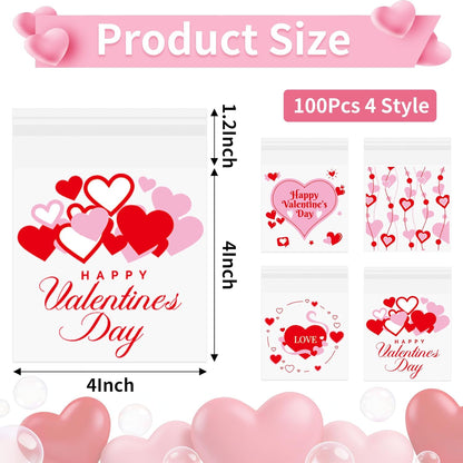 100 Pcs Valentines Self-Sealing Cookie Bags - 4x4 Inch Valentines Cellophane Treat Bags for Candy, Cookies, Gifts - Pink Clear Goodie Bags for Packing Valentine's Day Party Favors - 2.8 Mil