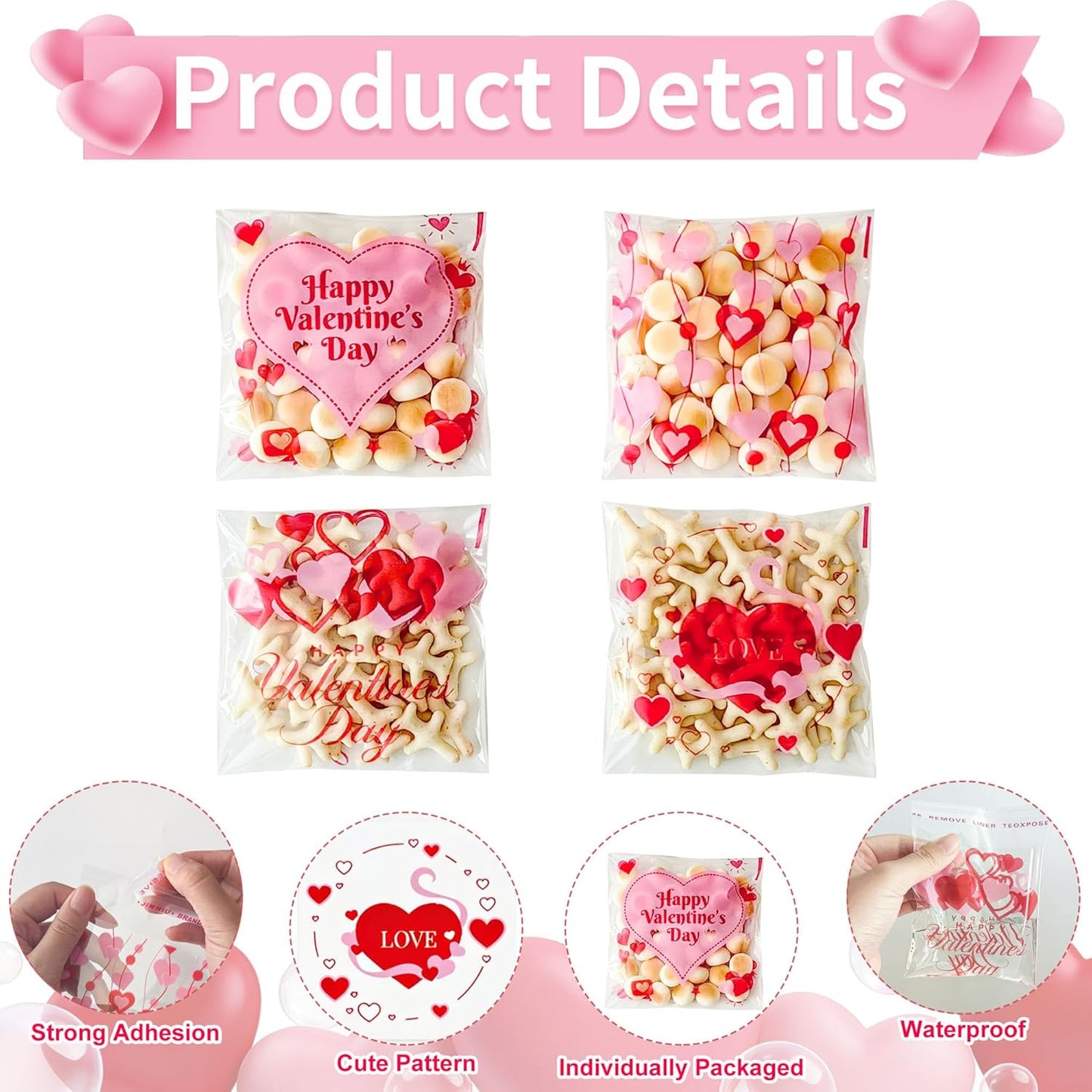 100 Pcs Valentines Self-Sealing Cookie Bags - 4x4 Inch Valentines Cellophane Treat Bags for Candy, Cookies, Gifts - Pink Clear Goodie Bags for Packing Valentine's Day Party Favors - 2.8 Mil