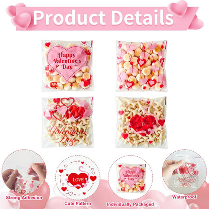 100 Pcs Valentines Self-Sealing Cookie Bags - 4x4 Inch Valentines Cellophane Treat Bags for Candy, Cookies, Gifts - Pink Clear Goodie Bags for Packing Valentine's Day Party Favors - 2.8 Mil