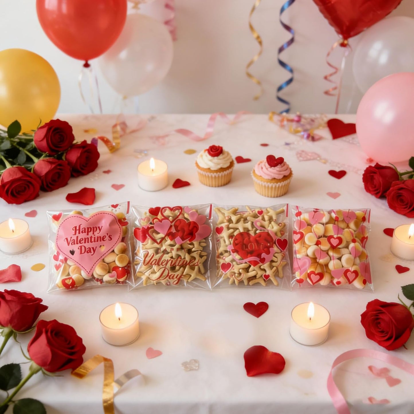 100 Pcs Valentines Self-Sealing Cookie Bags - 4x4 Inch Valentines Cellophane Treat Bags for Candy, Cookies, Gifts - Pink Clear Goodie Bags for Packing Valentine's Day Party Favors - 2.8 Mil