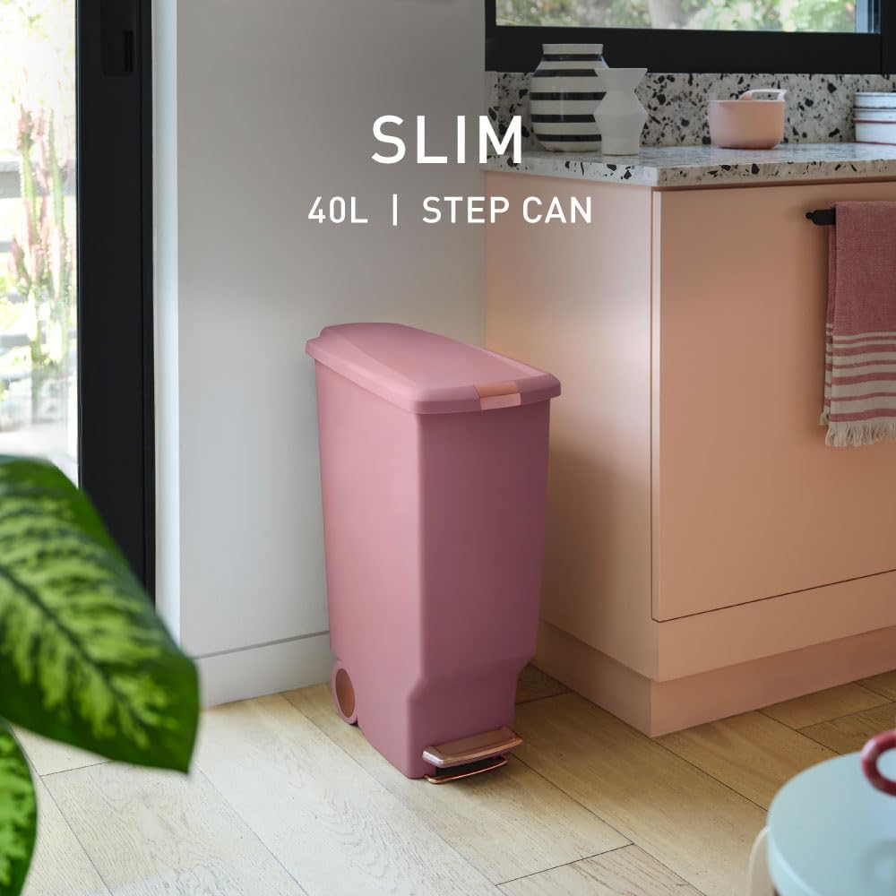 Slim Step Can, 40L / 10.6 Gallon Space-Efficient Kitchen Trash Can, Studio Edition, Pet-Proof Slide Lock, 150,000-Step Pedal, Wheels, Blush Plastic