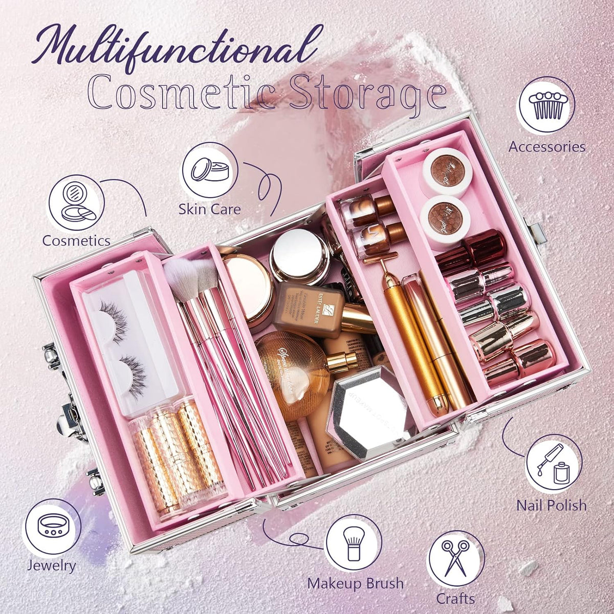 Makeup Train Case 8.85 Inch Portable Makeup Case Organizer Cosmetic Box Make Up Box Makeup Organizer Cosmetic Storage Cases with Locking Nail Kit Organizer Small Travel Case Mermaid Pink