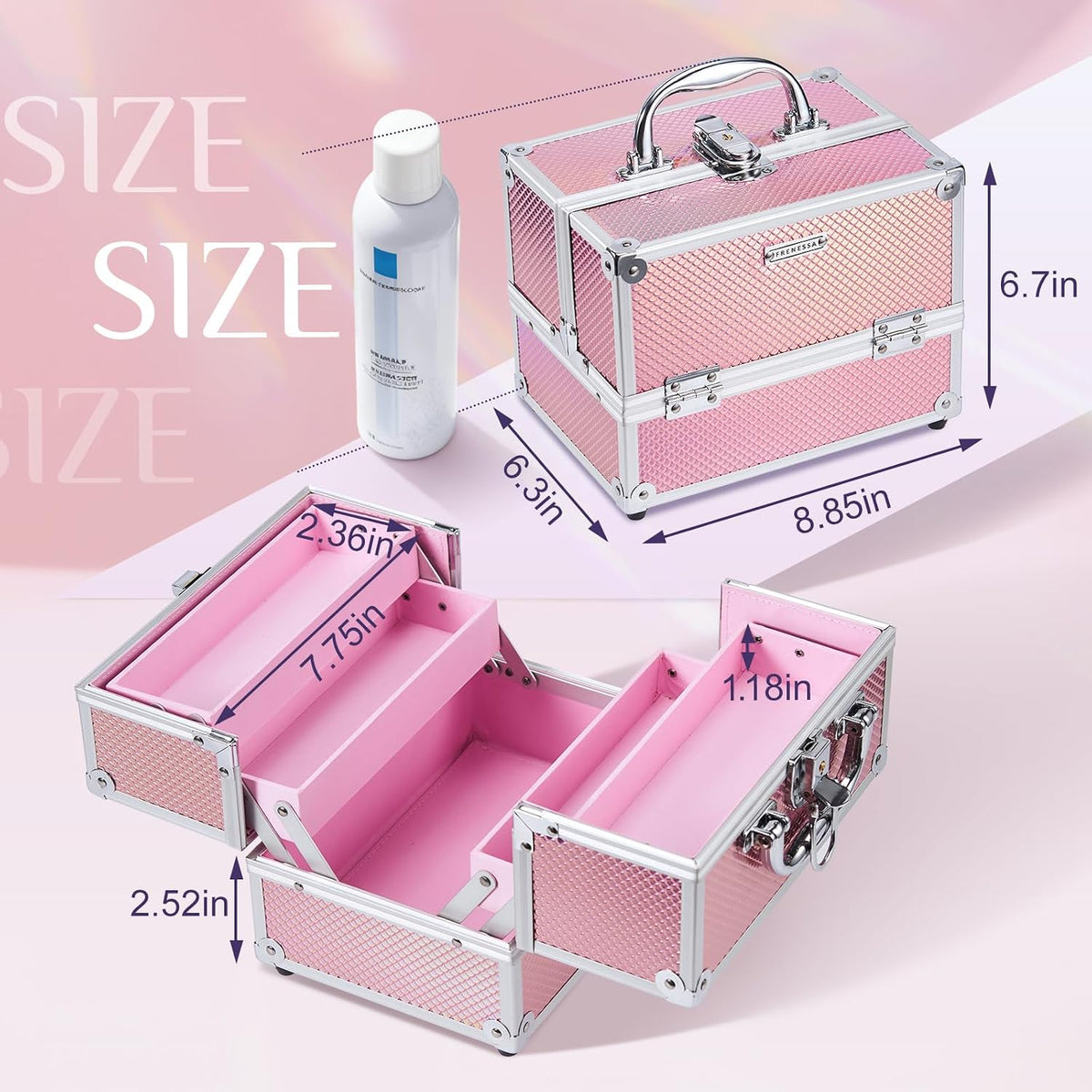 Makeup Train Case 8.85 Inch Portable Makeup Case Organizer Cosmetic Box Make Up Box Makeup Organizer Cosmetic Storage Cases with Locking Nail Kit Organizer Small Travel Case Mermaid Pink