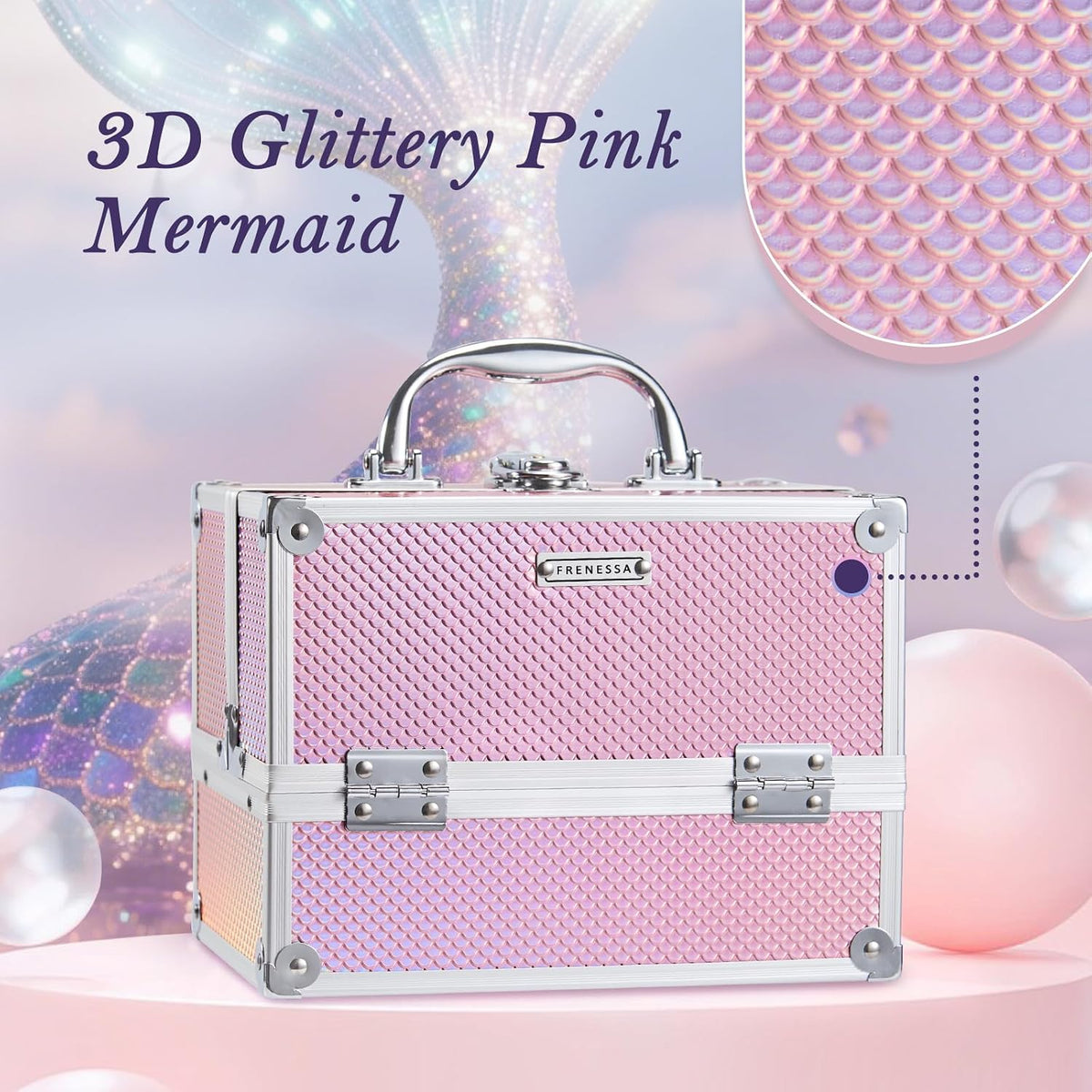 Makeup Train Case 8.85 Inch Portable Makeup Case Organizer Cosmetic Box Make Up Box Makeup Organizer Cosmetic Storage Cases with Locking Nail Kit Organizer Small Travel Case Mermaid Pink