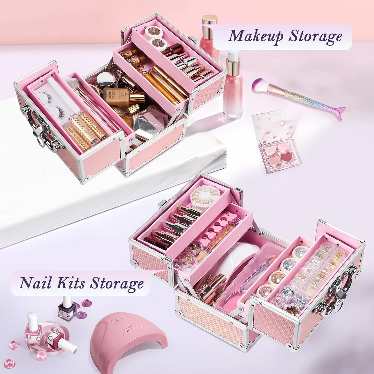 Makeup Train Case 8.85 Inch Portable Makeup Case Organizer Cosmetic Box Make Up Box Makeup Organizer Cosmetic Storage Cases with Locking Nail Kit Organizer Small Travel Case Mermaid Pink